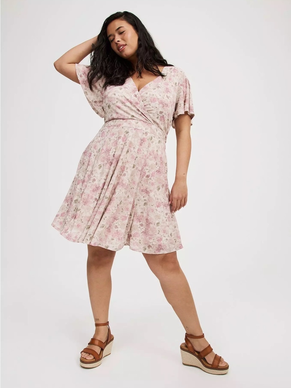 TORRID Surplice Flutter Sleeve Mini Dress in Marah Floral Taupe
